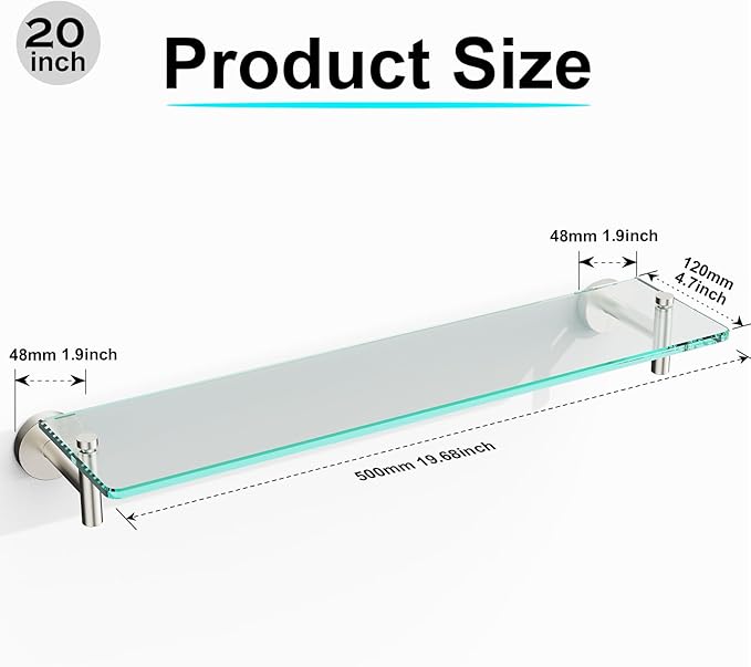 Glass Shelves for Bathroom,20-Inch Brushed Nickel Floating Bathroom Shelf Stainless Steel Tempered Glass Shelf Modern Shelves Wall Mounted
