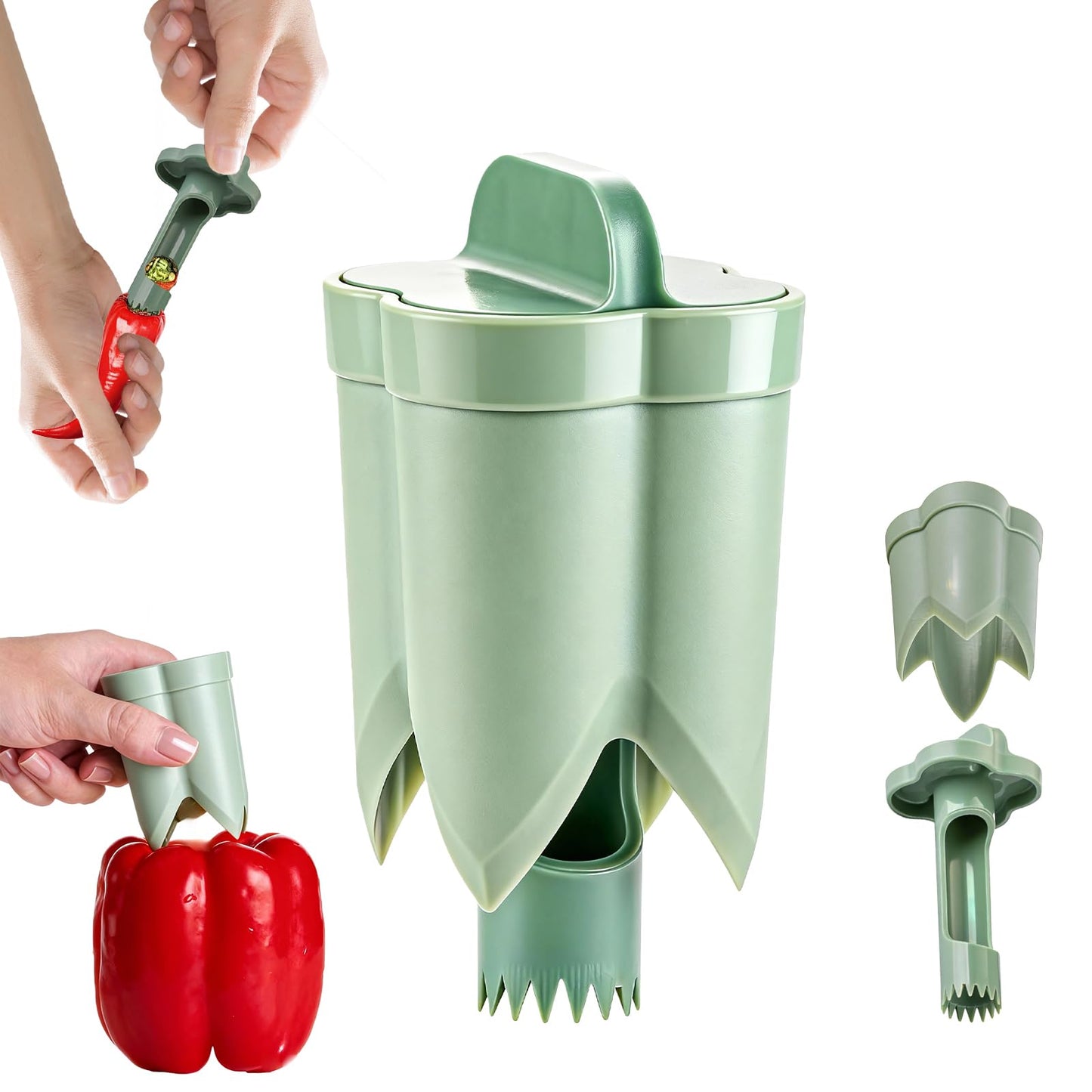 2PCS Pepper Corer,Chili Seed Remover Tool,Durable ABS Kitchen Gadget for Bell & Chili Peppers, 2-in-1 Design, Easy Twist Use, Ideal for Home Cooking, Camping(Green)
