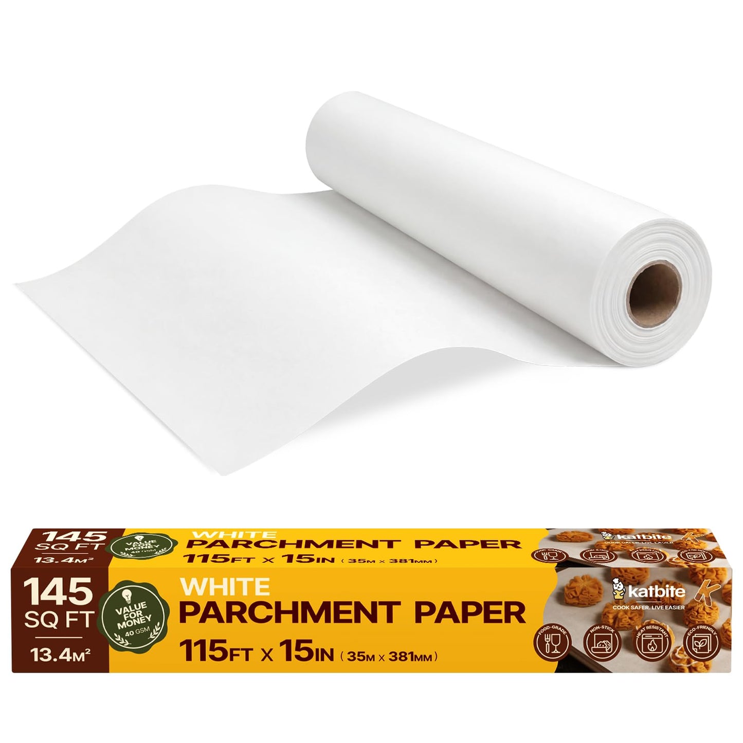 Katbite Heavy Duty Parchment Paper Roll, 15 in x 115 ft, 145 Sq Ft, White