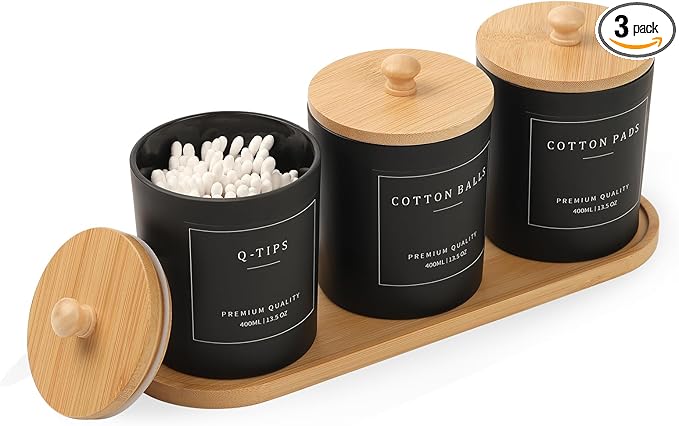 3 Pack Qtip Holder - Bathroom Organizers and Storage, Cotton Round Pad Dispenser Floss Pick Holder with Tray, Glass Apothecary Jars with Lids, Cotton Ball Container - Black