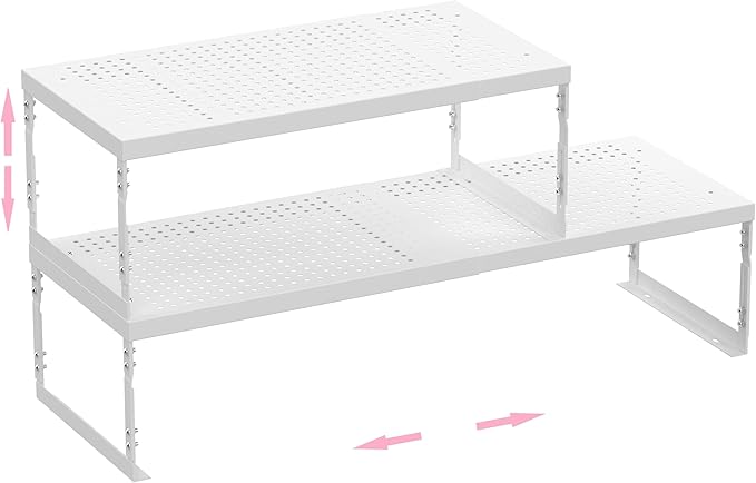 Asiingkel Stackable Expandable Metal Shelf Organizer - Adjustable Wire Storage Rack with Holes for Kitchen, Bathroom, Cabinet, Office - Space Saving, Durable & Sturdy Design（1PACK/Large/Black