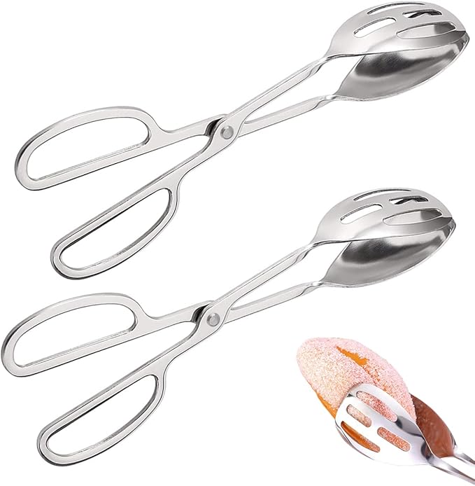 IAXSEE 2 Pieces Buffet Salad Tongs for Kitchen Serving and Cooking, Stainless Steel Food Scissor Tongs, Catering Utensil for Bread Cake Bake Steak Barbecue (Black)