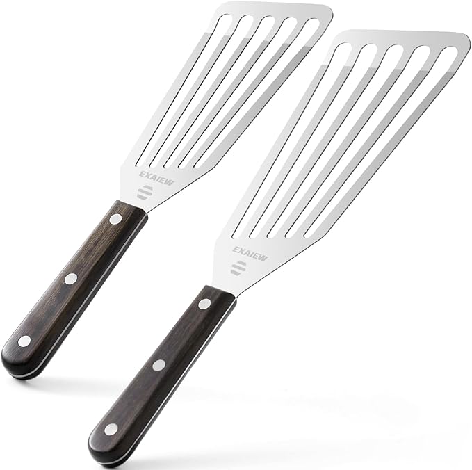 2 Pack Fish Spatula - Stainless Steel Spatula, Metal Spatula, Wooden Hdl