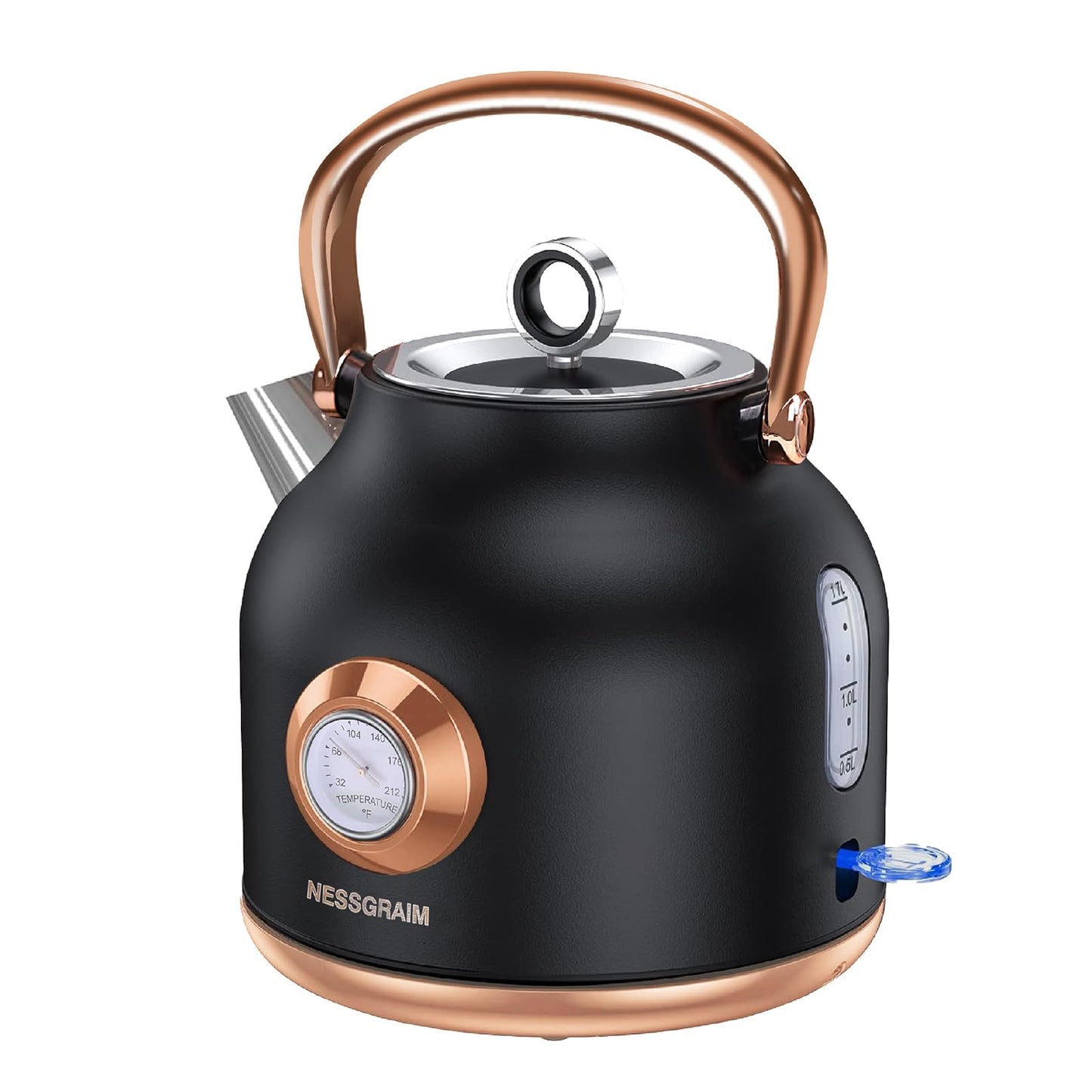 Retro Electric Kettle, 1.7L Stainless Steel Tea Kettle with Large Temperature Gauge, 1500W Fast Heating Hot Water Boiler with LED Indicator, Auto Shut-off & Boil-Dry Protection-Reteo White