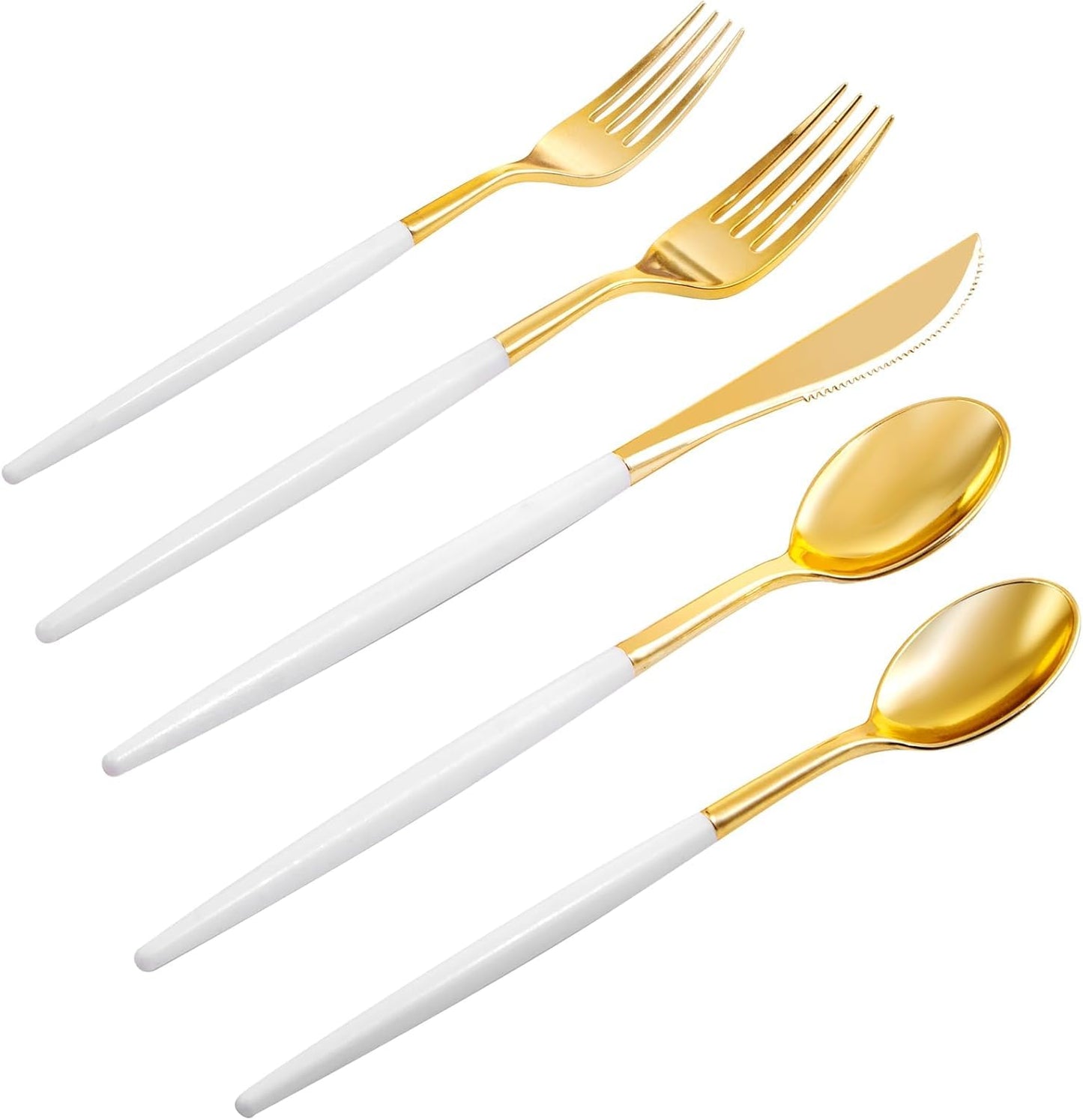 Rubtlamp 96Pcs Gold Plastic Silverware, Gold Plastic Utensils with White Handle, Gold Silverware Set Includes: 32 Knives, 32 Plastic Spoons And 32 Forks