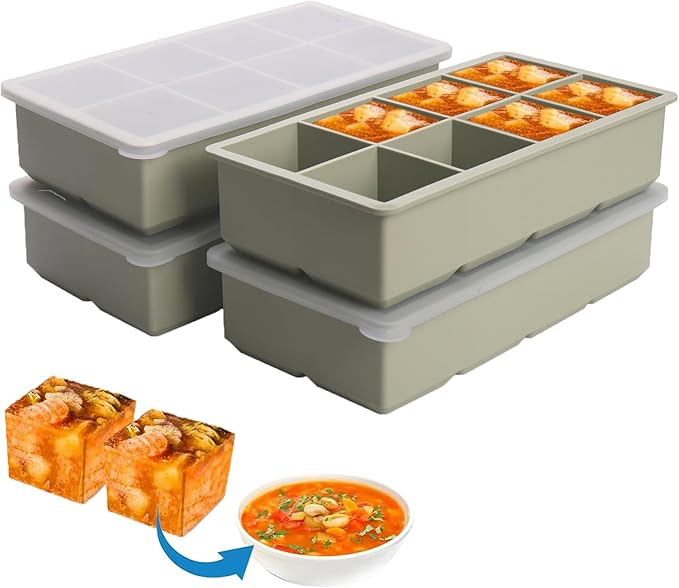 1/2 Cup Silicone Freezer Tray With Lid - Silicone Freezer Molds 2-Pack For meal prep & freezing of various sauces and other dishes, makes 16 perfect 1/2 cup portions cube（Green 2 Pack）