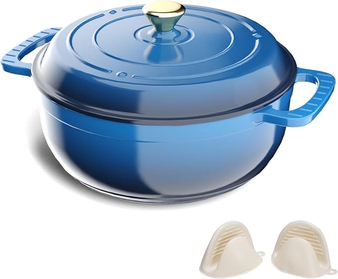 VINGLI 7.5QT Enameled Cast Iron Round Dutch Oven Pot with Lid, NonStick Casserole Pot with Dual Handles & Silicone GlovesRed, Oven Safe up to 500°F or on Stovetop, Dutch Oven for Bread Baking, Blue