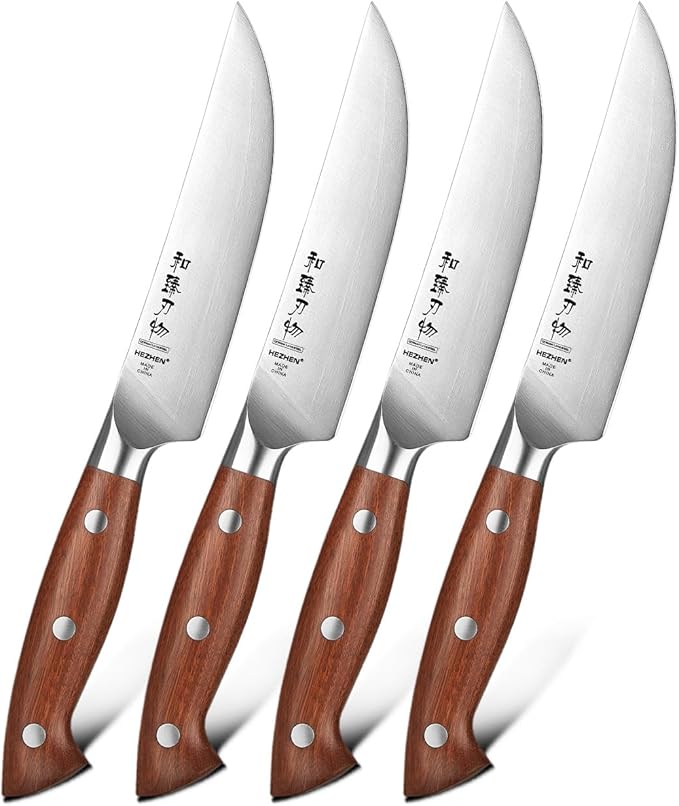 HEZHEN 8 PCS Kitchen Knife Block Set, German DIN 1.4116 Steel Knife Set with Block and Sharpener,Kitchen Shear, Ultra Sharp Blade,Red Wood Handle, Gift Packing