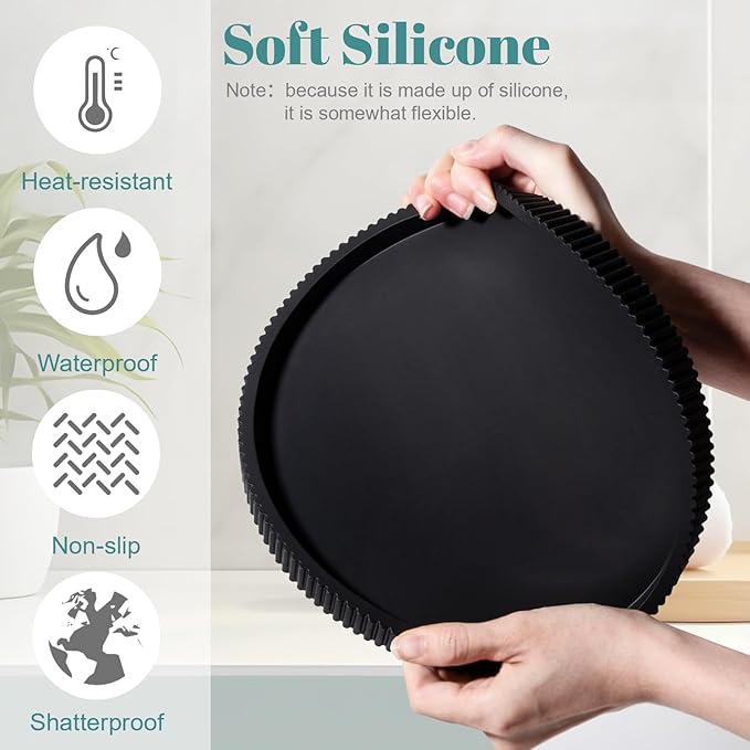 Silicone Bathroom Tray Round Kitchen Counter Organizer Decorative Vanity Accessories Coffee Table Decor for Perfume, Candle, Soap Dish, 10 Inch, Black