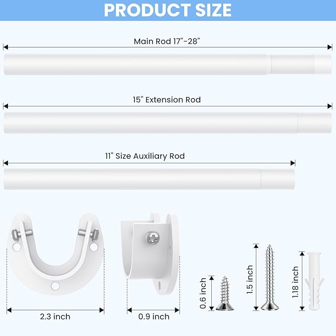 3 Pack Closet Rods for Hanging Clothes, 17 to 69 Inch Heavy Duty Stepless Adjustable Closet Hanging Rod, 1.3 Inch Diameter Metal Closet Rod for Wardrobes Laundry Bedroom RV, White