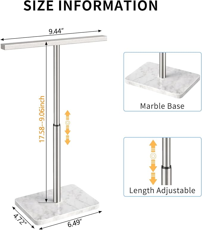 Hand Towel Holder Stand, T-Shape Hand Towel Rack for Bathroom, Hand Towel Stainless Steel for Kitchen Vanity Countertop, Marble Base Brushed Adjustable 9.06" -17.68"