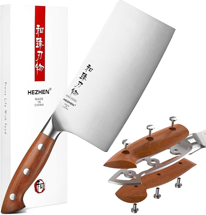 HEZHEN 8 PCS Kitchen Knife Block Set, German DIN 1.4116 Steel Knife Set with Block and Sharpener,Kitchen Shear, Ultra Sharp Blade,Red Wood Handle, Gift Packing