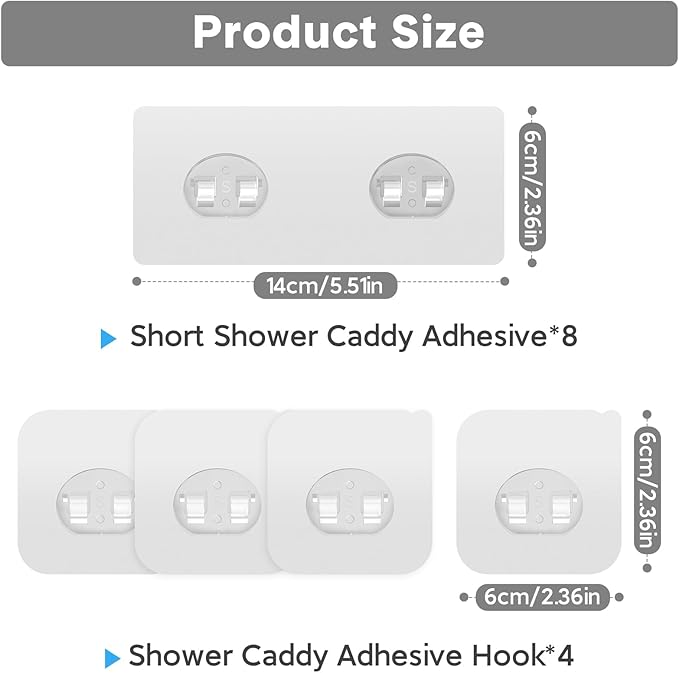 Shower Caddy Adhesive Replacement, Transparent Strong Adhesive Hooks, No Drilling, Waterproof, for Shower Caddy, Bathroom Storage Shelves and Kitchen Racks (Double*8pcs + Single*4pcs)
