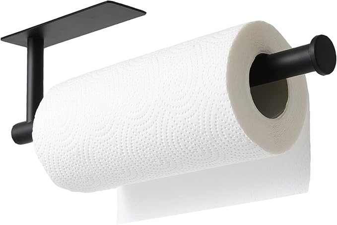 theaoo Paper Towel Holder - Under Cabinet Paper Towel Holder for Kitchen, Adhesive Paper Towel Roll Rack for Bathroom Towel, Wall Mounted Matte Black Paper Towel Rack, SUS304 Stainless Steel(1, Black)