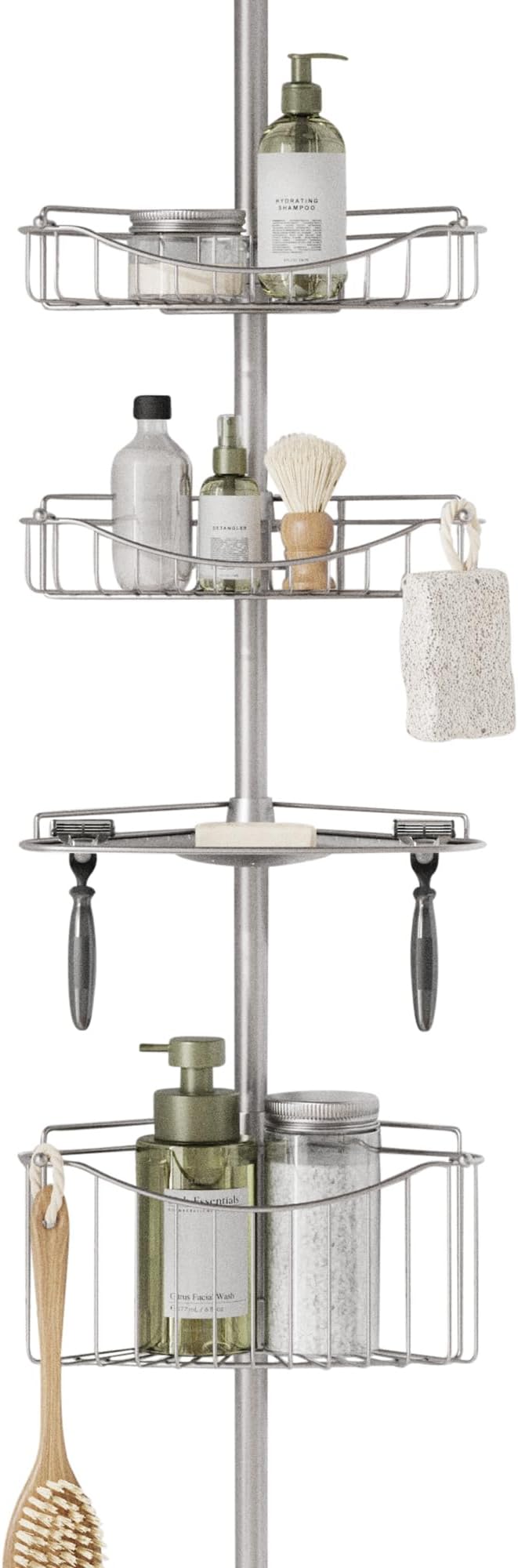 Zenna Home Tension Pole Shower Caddy Corner Organizer, Adjustable Standing Shower Caddy with 3 Shelves and Soap Tray, Rust Resistant Bathroom Tension Rod Organizer, 60 to 97 Inch, Satin Nickel