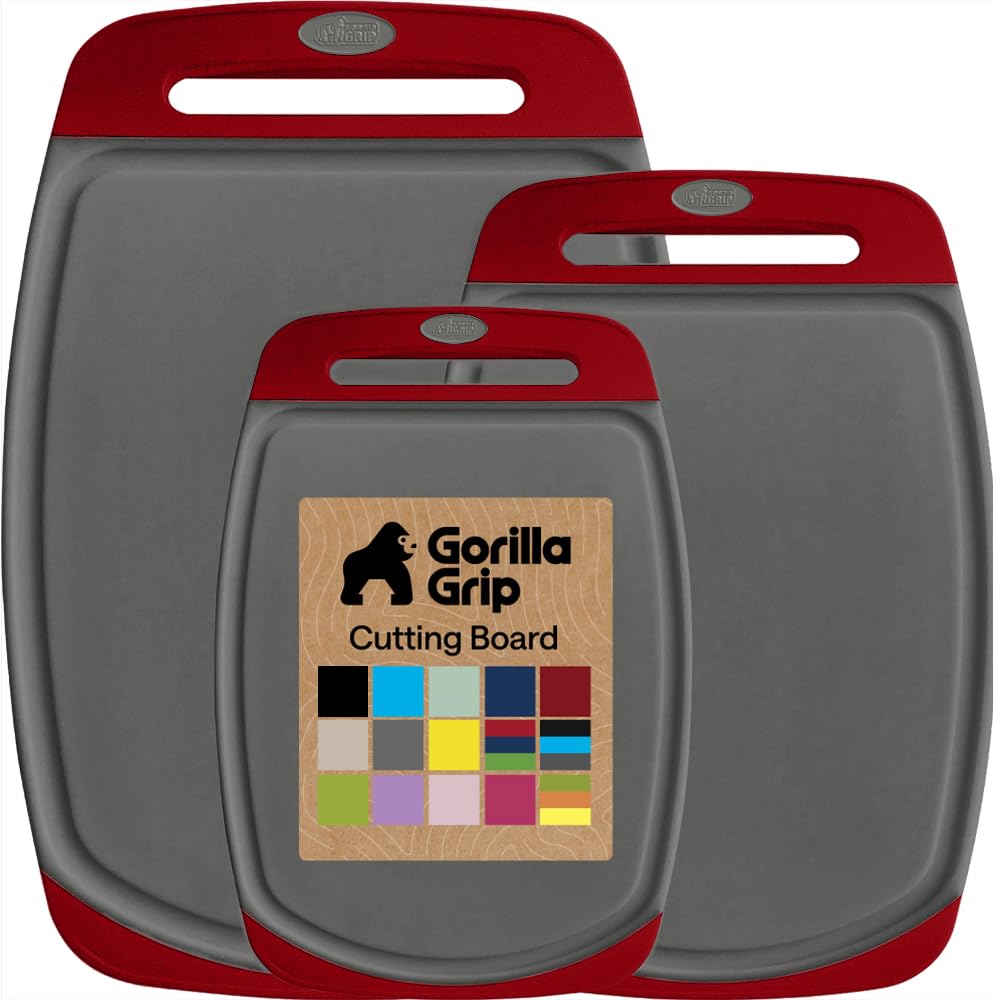 GORILLA GRIP BPA-Free Reversible Kitchen Cutting Board, Set of 3, Red