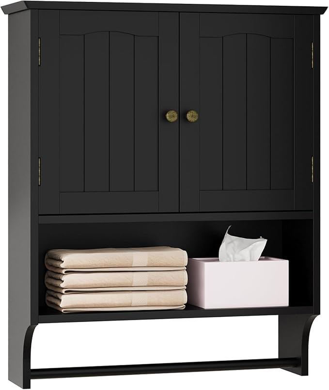 Black Bathroom Cabinet with Towel Rack, Bathroom Wall Cabinet with 2 Doors and Adjustable Shelf, Medicine Cabinet Wall Mount, Over The Toilet Storage