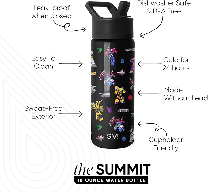 Simple Modern Kids Summit Water Bottle with Straw Lid | Transformers 18oz Stainless Steel Cup Insulated Tumbler for Boys, School | Transformer Block Nation