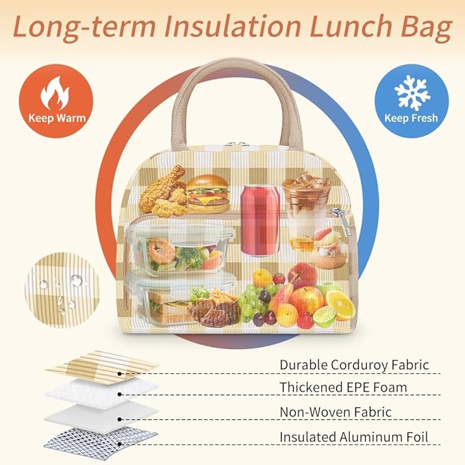 Coobiiya Lunch Bag Lunch Box for Women Men, Cute Corduroy Lunch Tote Bags Insulated Reusable LunchBox Large Capacity Cooler Bag for Work Travel Picnic