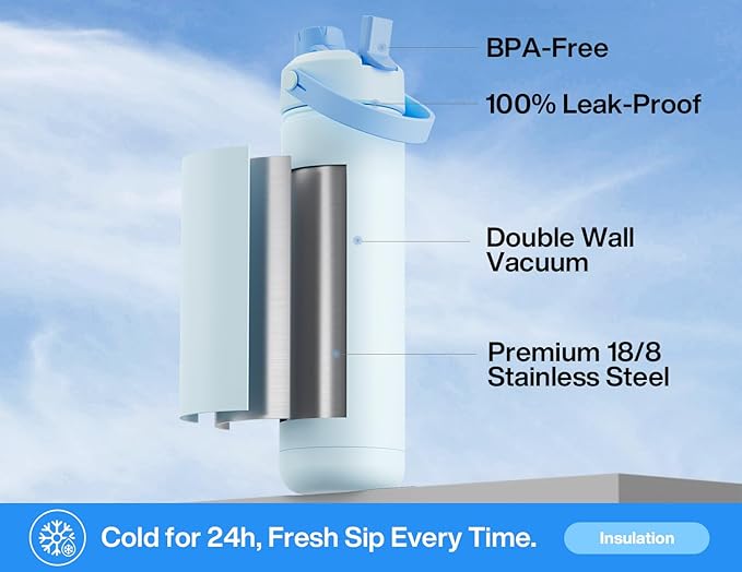 POWCAN 26 oz Insulated Water Bottle with 2-in-1 Straw and Spout Lid, Keep Cold 24H, Leak-Proof, Fits in Car Cup Holder, Stainless Steel Water Bottle for Sports, Travel, Gym, and School (Bubble Bay)