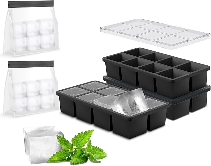 Samuelworld Large Silicone Ice Cube Tray Molds, Big 2 Inch Cubes 3 Pack- Food Grade, Flexible, 8 Cavity Easy Release Slow Melting Ice for Whiskey, Cocktails, Gifts & Christmas - Black (Ice Bag)
