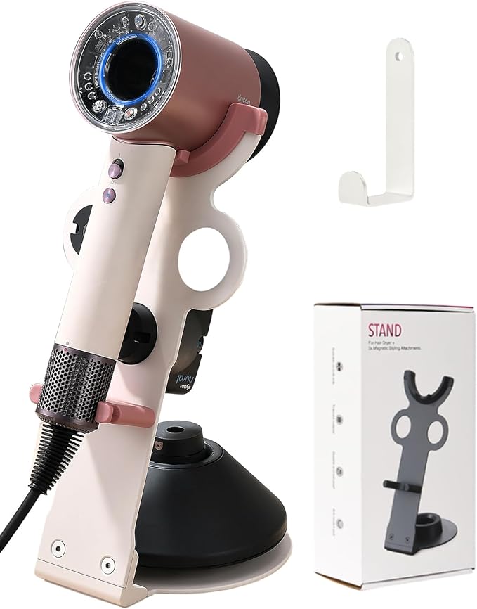 Hair Dryer Holder Stand for Dyson Hair Dryer, Upgraded Dyson Hair Dryer Holder Dyson Hair Dryer Stand Pink to Store 5 Dyson Hair Dryer Attachments with Cable Hook