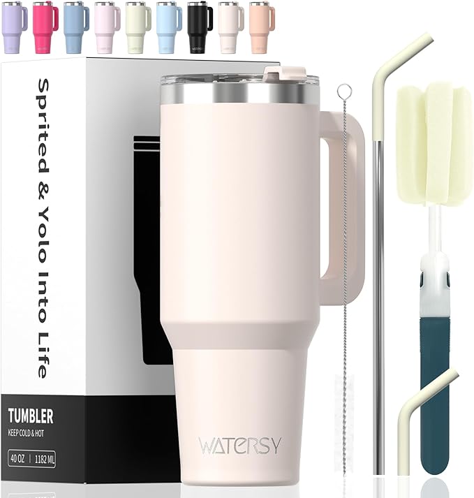 40 oz Tumbler with Handle,Tumbler with Lid and Straw,Double Wall Insulated Cup Stainless Steel Travel Mug(Cold for 34 Hours),Water Bottle for Iced Tea,Coffee,Cold Beverages(Ivory Beige)