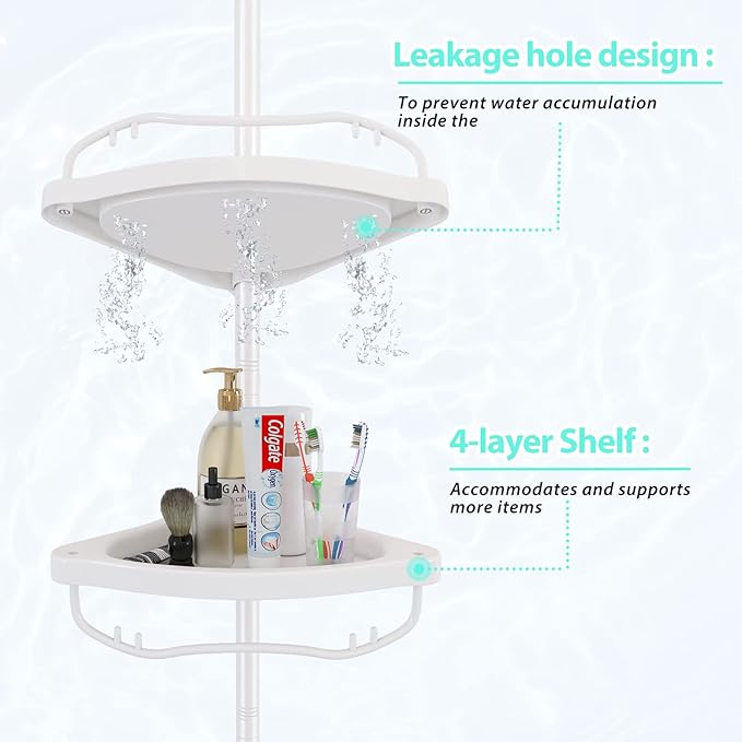 Shower Caddy Tension Pole with 4 ABS Baskets,Shower Storage Shelf with 56 to 125 Inch Adjustable Stainless Pole for Bathroom White