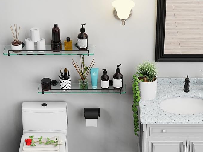 24 Inch Glass Bathroom Shelves,Matte Black Floating Shelves for Wall Rectangular Modern Stainless Steel Glass Shelf for Bathroom Shelves Wall Mounted