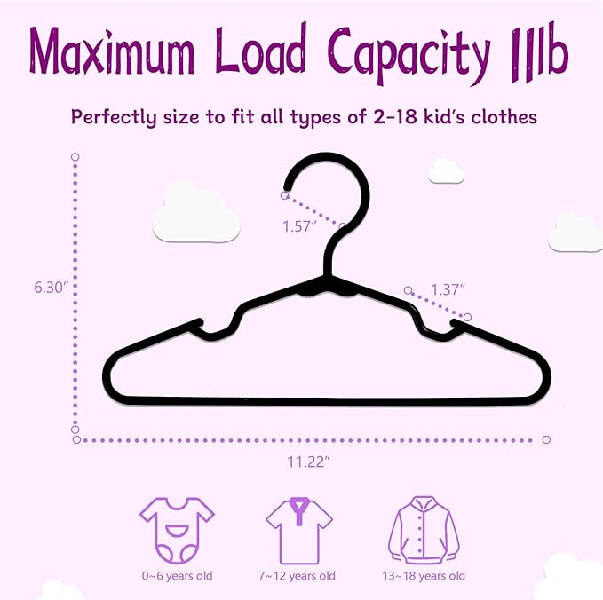 Baby Hangers for Closet 50 Pack Black Plastic Kids Children's Clothes Hangers Non-Slip (Black, 50)