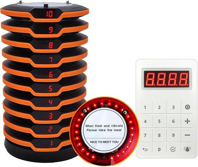 Restaurant Buzzer System, 10 Coaster Beeper Pager System with Buzzer, Customer Queue Pagers Set with Vibration, Flashing and Buzzer, for Food Truck, Church, Nursery
