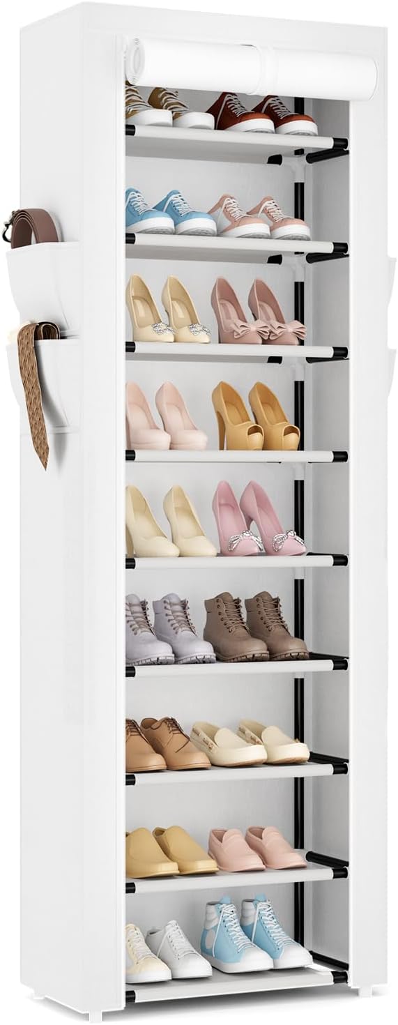 Shoe Rack with Cover Narrow Shoe Rack Organizer with 4 Side Pockets 10 Tier Tall Shoe Storage Shoe Shelf Holds 18-22 Pairs Shoes and Boots Shoe Rack for Closet, White