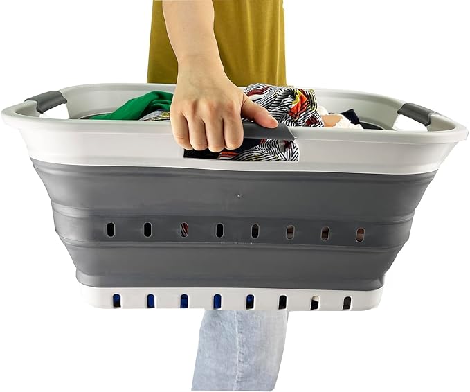SAMMART 42L (11 gallon) Collapsible Plastic Laundry Basket - Foldable Pop Up Storage Container/Organizer - Space Saving Hamper/Basket (1, Grey/Steel Grey)