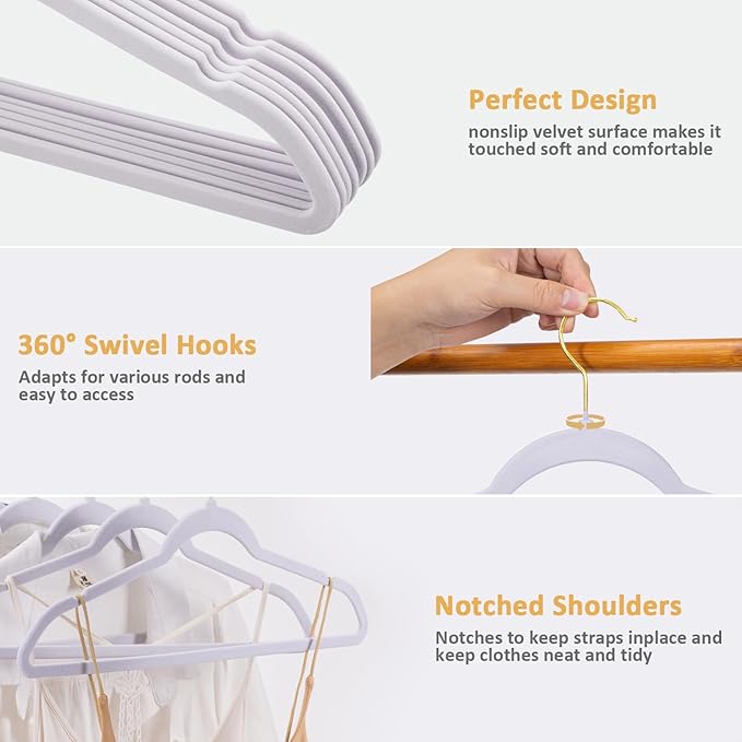 Velvet Hangers, Set of 30 Pack Clothes Hanger with 360° Swivel Gold Hook, Non-Slip, and Space-Saving, 0.2-Inch Thick, 17.7-Inch Long for Suit, Coat, Shirt, Dress, Pants - White