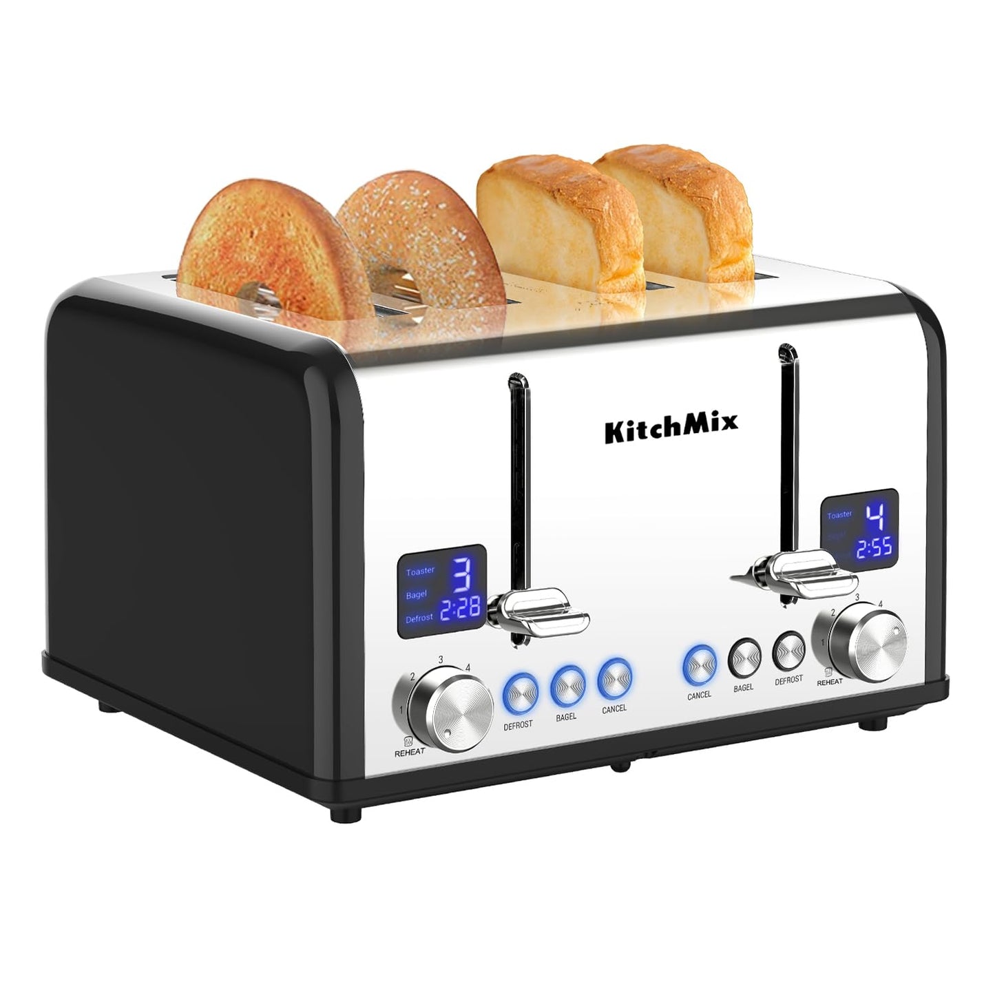 Toaster 4 Slice, KitchMix Bagel Stainless Toaster with LCD Timer, Extra Wide Slots, Dual Screen, Removal Crumb Tray (White)
