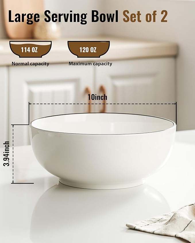 Dafuceramic Salad Bowls, 120 OZ(10") Large Serving Bowls Set of 2, Ceramic White Serving Bowls for Salad, Soup, Pasta and Dinner, Large Porcelain Bowl Set for Entertaining with Black on the Rim