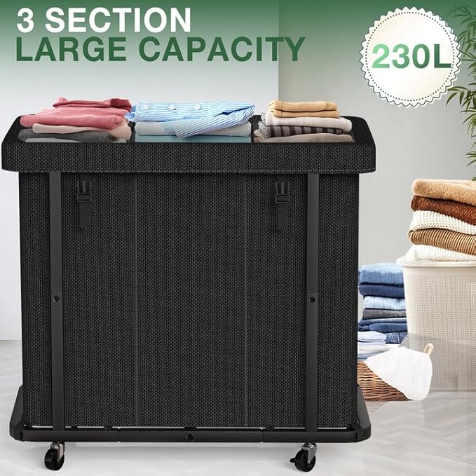 60 Gal(230L) High Grade Large Laundry Basket with Wheels, Rolling Laundry Hamper, Laundry Cart with Metal Frame and Removable Bag Design, Suitable for Laundry Room, Bedroom (Black, 3 Section 230L)