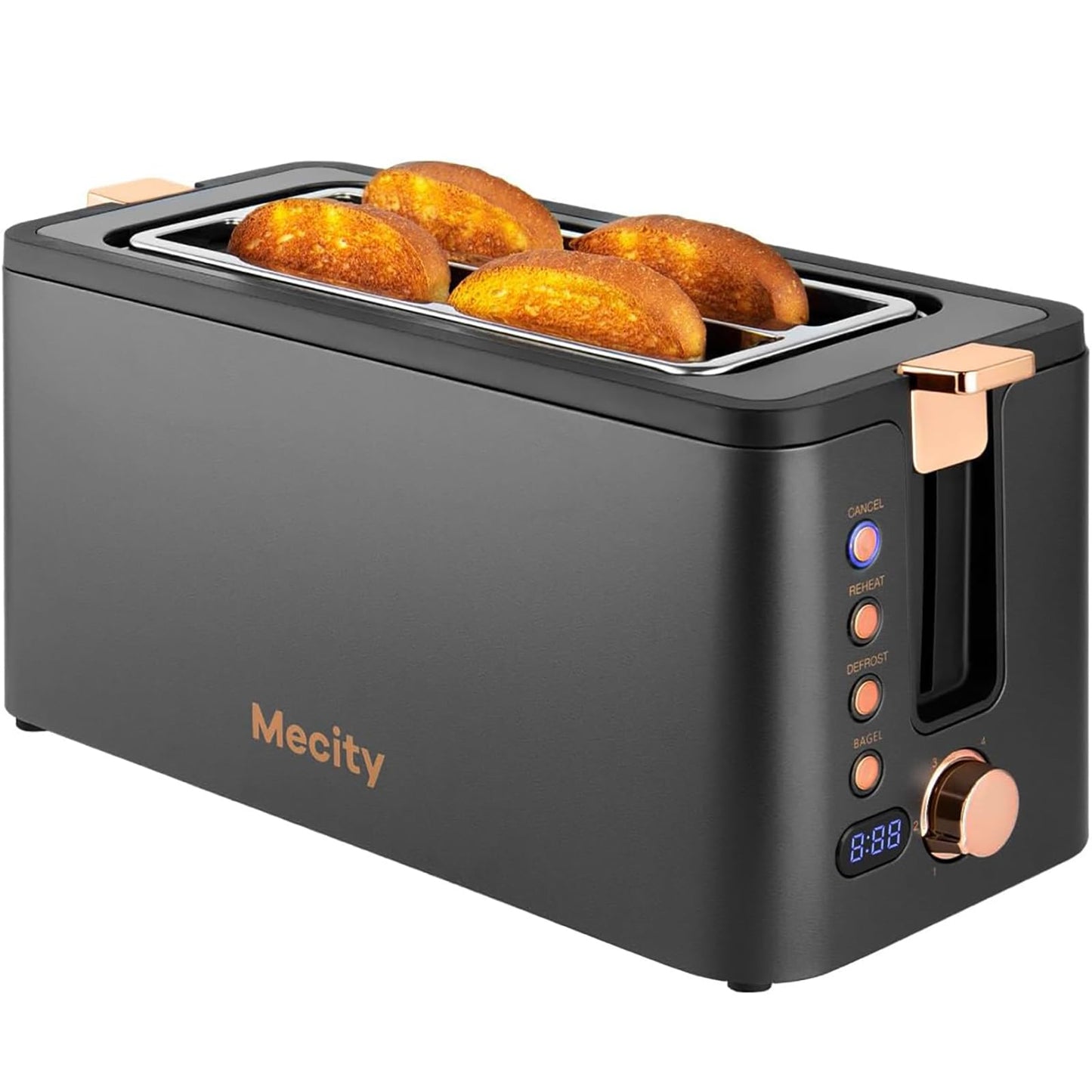 Mecity Toaster 2 Slice Stainless Steel Body, Timer, Bagel, Defrost, Reheat, Cancel Functions, Warming Rack, Removable Tray, 6 Browning Settings, Extra Wide Slots, Bread Toaster 800W