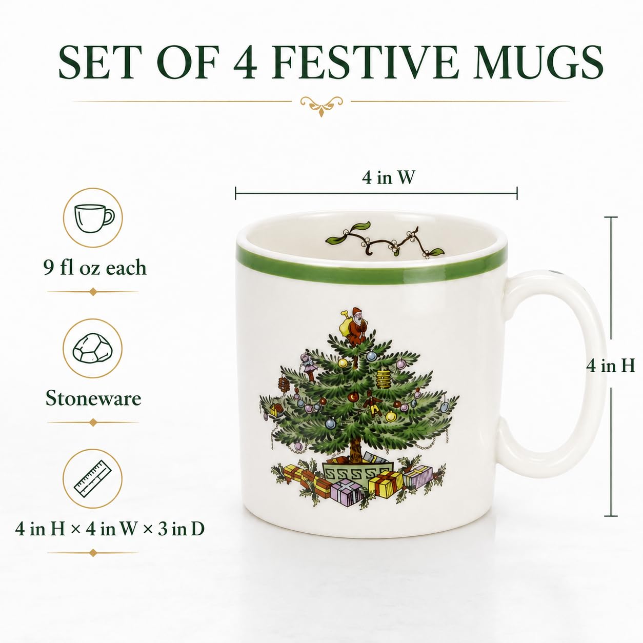 Spode Christmas Tree Mugs, 9 Oz, Set of 4 - Festive Holiday Drinkware