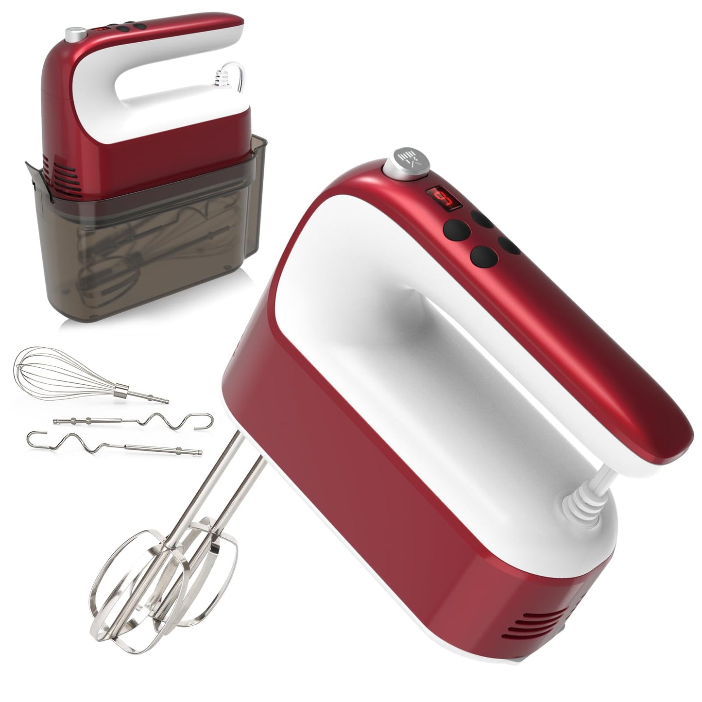 Yomelo 9-Speed Digital Hand Mixer Electric, 400W Powerful DC Motor, Hand Mixer Electric Handheld with Snap-On Storage Case, 5 Stainless Steel Accessories, Beaters, Dough Hooks, Whisk(White/Black)
