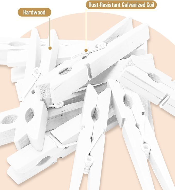 100 Pack White Clothespins 2.9 Inch, Heavy-Duty Wood Rust-Resistant Clothes Pins, Solid Birch Clips for Laundry, Photo Wall Displays, Craft Projects & Classroom Decoration