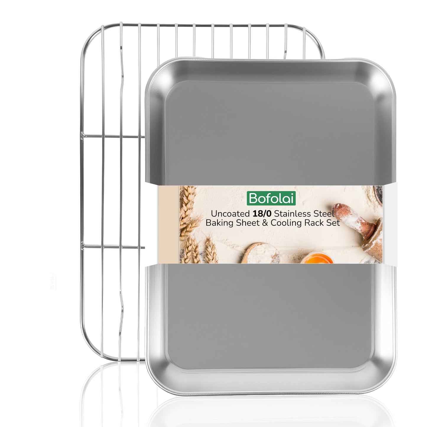 Bofolai 18/0 Stainless Steel Baking Sheet with Cooling Rack, Oven-Safe Non-Toxic Cookie Sheets for Baking, Set of 6, Coating Free & Rust Resistant for Healthy Family Baking, Easy to Clean, Heavy-Duty