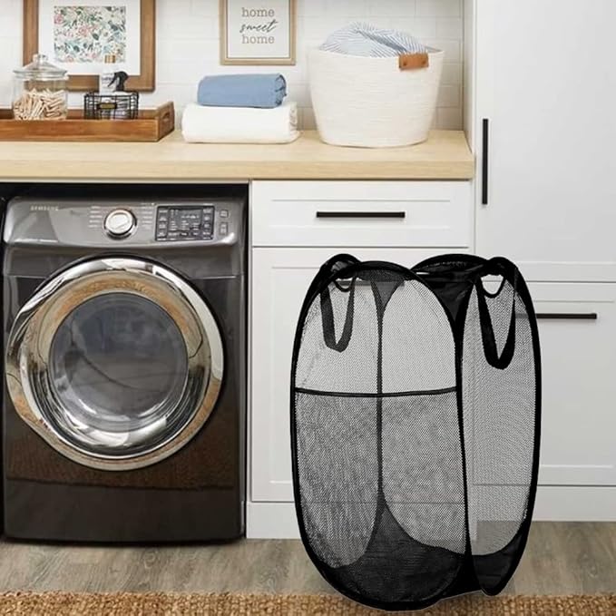 BATTOO Deluxe Collapsible Laundry Baskets Mesh Pop Up Hampers for Laundry with Side Pocket Reinforced Handles for Laundry Room, Bathroom, Kids Room, College Dorm or Travel Black