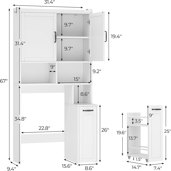 Over The Toilet Storage Cabinet with Pulley Small Bathroom Storage Cabinet, Space Saver W/Adjustable Shelf & Open Shelf for Bathroom, Restroom, Laundry (White)