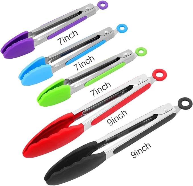 ForTomorrow 7 Inch Small Kitchen Tongs with Silicone Tips, Mini Serving Food Tongs Stainless Steel for Salad, Grilling, Frying and Cooking, 5 Pieces