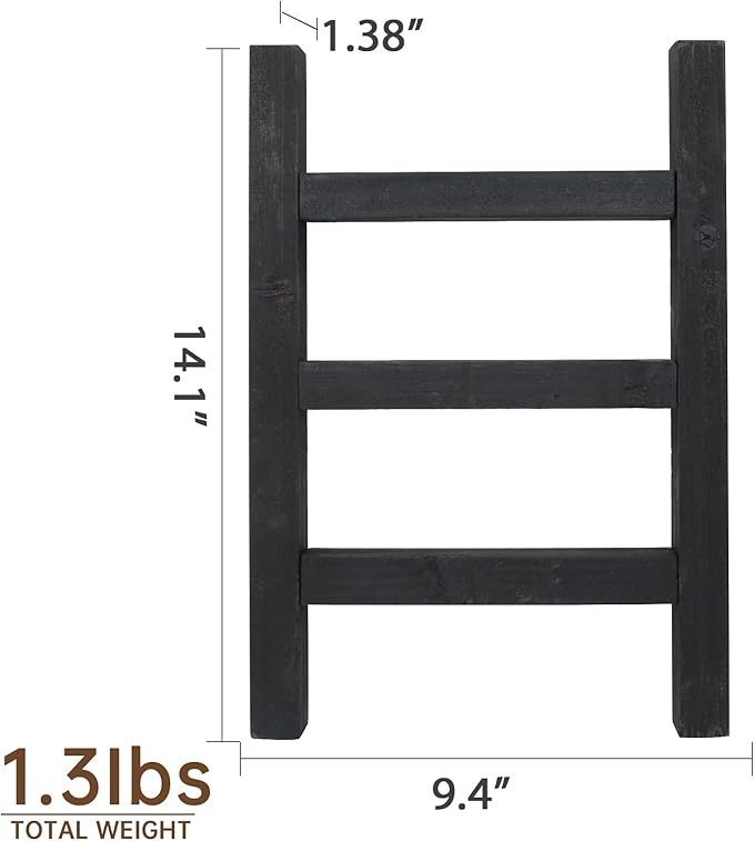 FUIN Wooden Tea Towel Ladder, Mini Ladder Towel Rack Display Hanger, Small Rustic Farmhouse Tea Towel Stand Holder for Country Bathroom Decor, Black