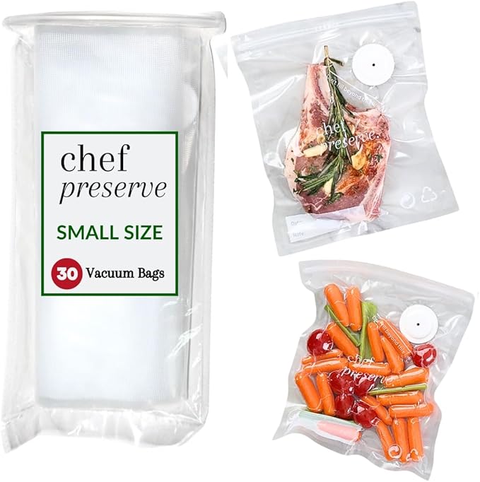 Chef Preserve Reusable Vacuum Sealer Bags for Food - 30 BPA-Free Small (8 x 10 in) Food Storage Bags, Freezer, Microwave - Odor-Resistant, Leak-Proof - Compatible with Chef Preserve Vacuum Sealers