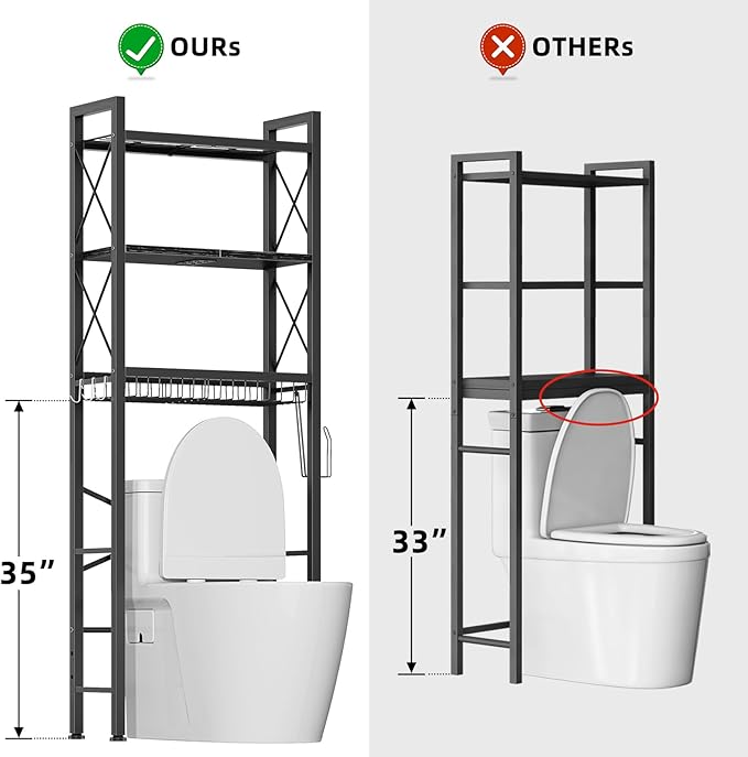 Over The Toilet Storage with X Shape Side Guardrail, 3-Tier Over Toilet Storage Rack with Drain Basket, Freestanding Bathroom Organizer for Balcony Laundry, Pure Black