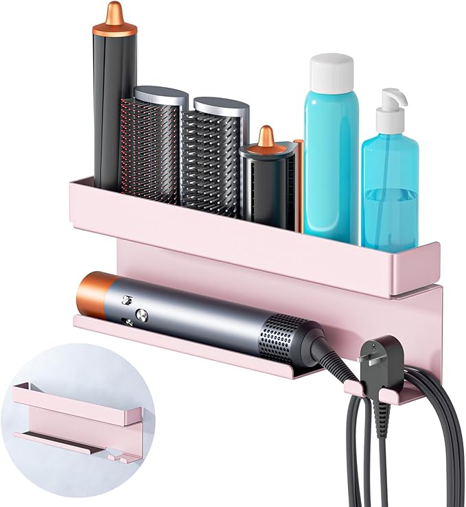 Storage Hair Dryer Holder for Curling Iron Accessories, Hair Tool Organizer Wall Mount, Curling Iron Holder, Bathroom Hair Straightener Holder Stand for Styler Attachments Organizer, Rose Gold
