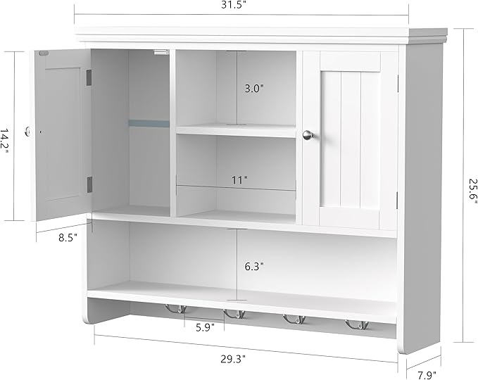 31.5" W Large Bathroom Wall Storage Cabinet with 2 Doors and 4 Hooks, Modern Medicine Cabinet with 3 Open Shelves, Wooden Wall Mounted Bathroom Cabinet for Kitchen, Living Room, White